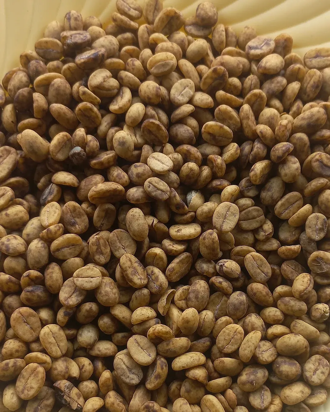 Golden-brown coffee beans in a bowl on a wooden table.