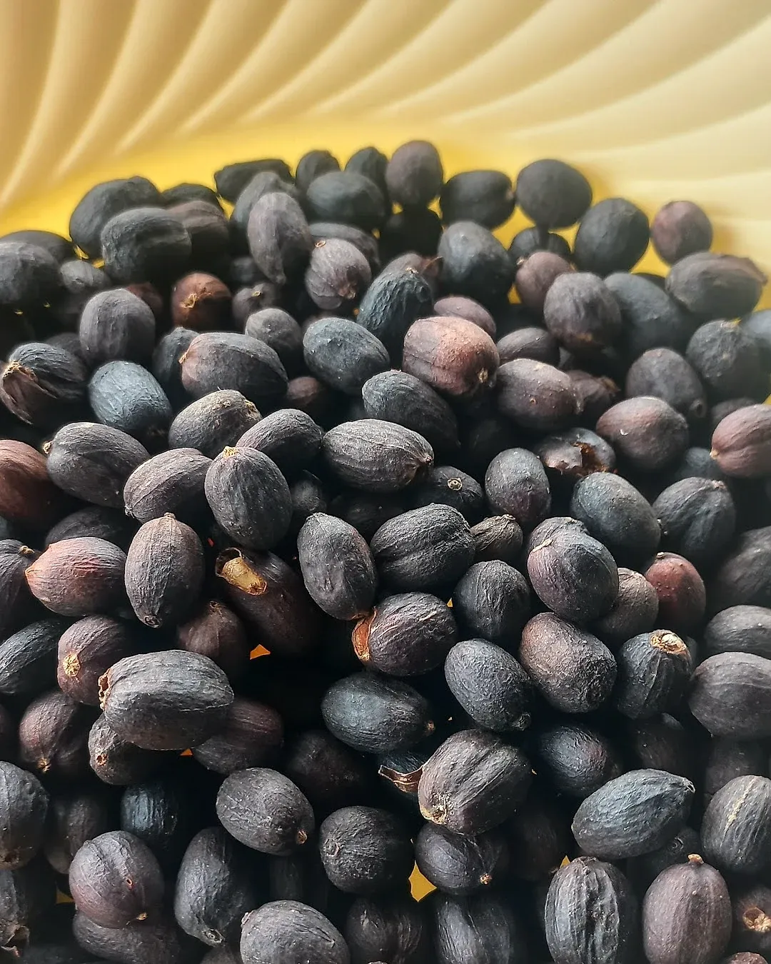 Dark, sun-dried whole coffee cherries piled in a bowl.